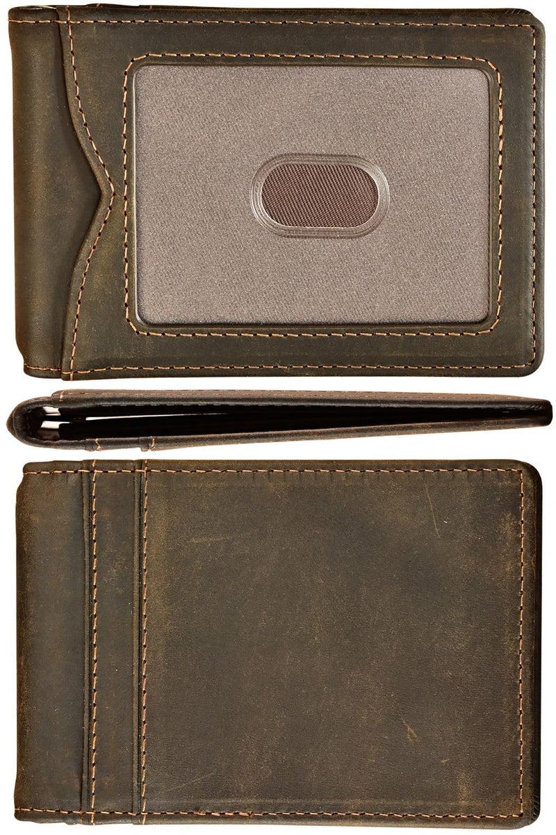 kinzd Slim Wallet with Money Clip RFID Blocking Minimalist Bifold Wallet for Men Genuine Leather Front Pocket Card Holder (AS137 - Crazy Horse Leather Dark Brown) - Image 1